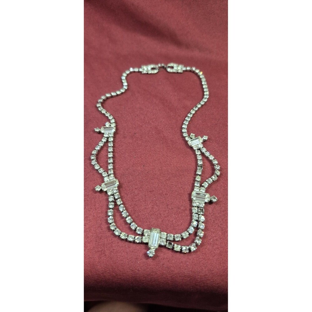 Vtg 1950s Rhinestone Choker Necklace Baguette Drop Clear Crystal Statement EUC